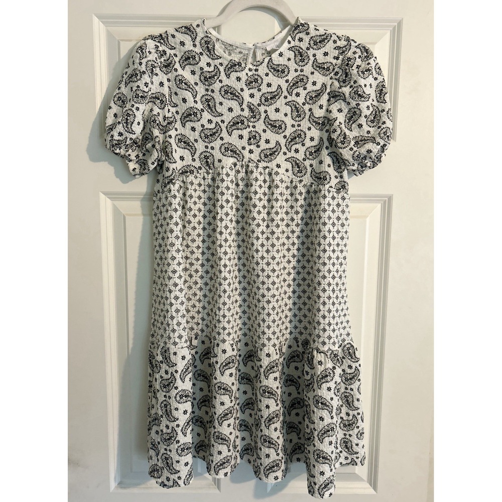 Zara Girls 13-14 Dress Paisley Puff-Sleeve Tiered Black & White- Hardly Worn